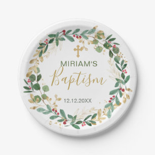 Green Gold Foliage Cross Baptisse Pappteller