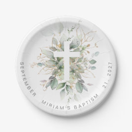 Green Gold Foliage Cross Baptisse Pappteller