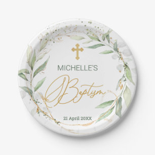 Green Gold Foliage Cross Baptisse  Pappteller