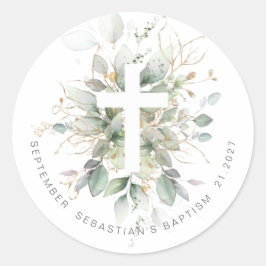 Green Gold Foliage Cross Baptisse Runder Aufkleber