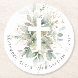 Green Gold Foliage Cross Baptisse Runder Pappuntersetzer