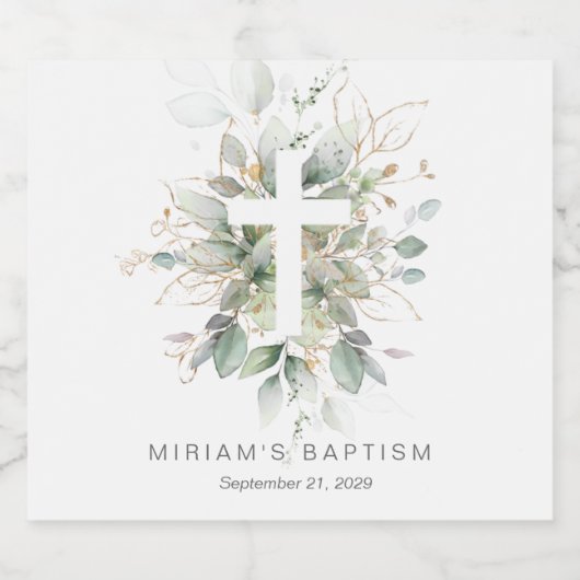 Green Gold Foliage Cross Baptisse Weinetikett Schaumweinetikett (Einzelnes Label)