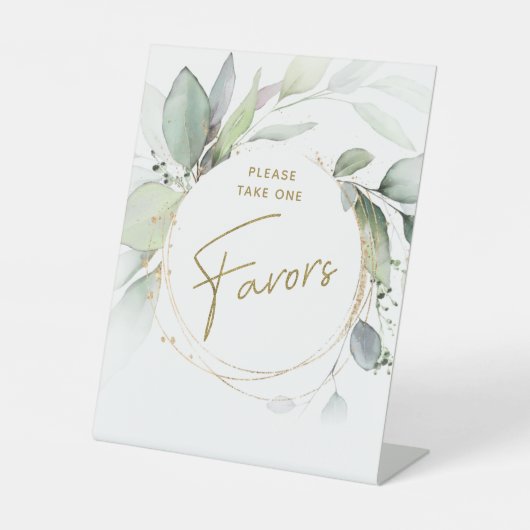 Green Gold Foliage Eukalyptus Favors Table Sign Sockelschild (Vorderseite)