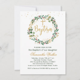 Green Gold Foliage Red Berry Cross Taufen Einladun Einladung