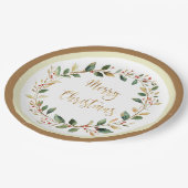 Green Gold Foliage Red Berry Weihnachten Pappteller (Schrägansicht)