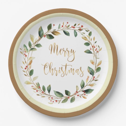Green Gold Foliage Red Berry Weihnachten Pappteller (Vorderseite)
