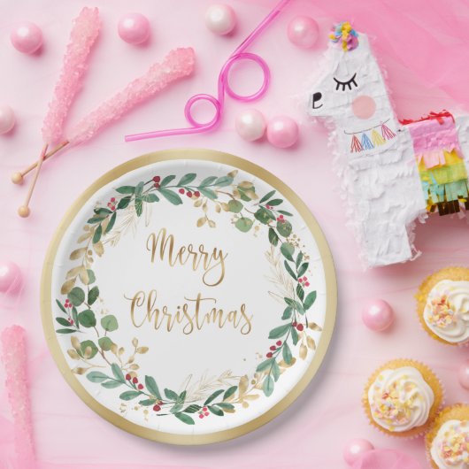 Green Gold Foliage Red Berry Weihnachten Pappteller (Party)