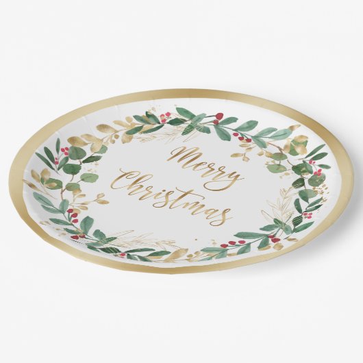 Green Gold Foliage Red Berry Weihnachten Pappteller (Schrägansicht)