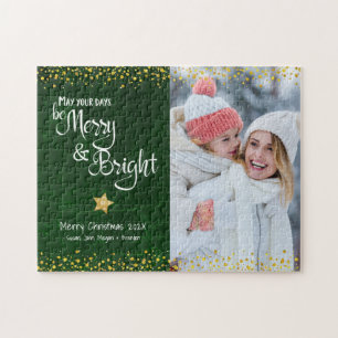 Green Gold Foto Days Merry Bright Script Holiday Puzzle