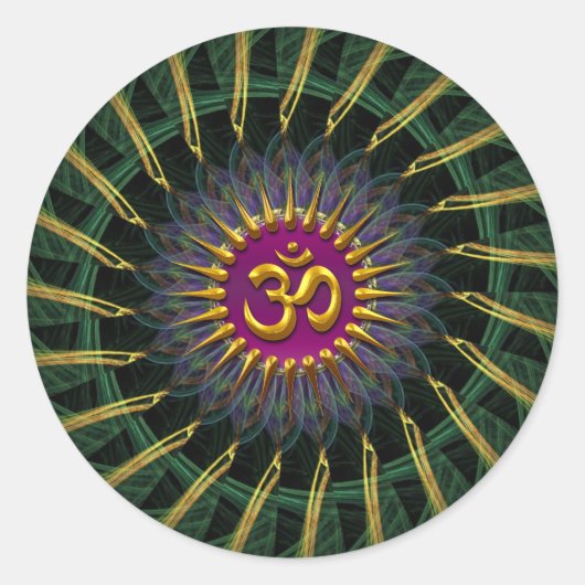 Green+Gold Fraktal Swirl Golden (Om) Symbol Stick Runder Aufkleber (Vorderseite)