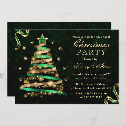 Green & Gold Funkelnd Ribbon Tree Weihnachten Part Einladung (Vorne/Hinten)