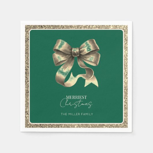 Green Gold Glitter Bow Weihnachtsbuch Napkin Serviette (Vorderseite)