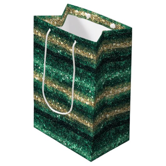 Green Gold Glitter Christmas Mittlere Geschenktüte (Vorderseite Schrägansicht)