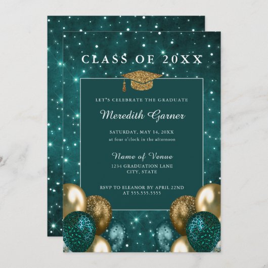Green Gold Glitzer Balloons Abschluss Einladung (Vorne/Hinten)