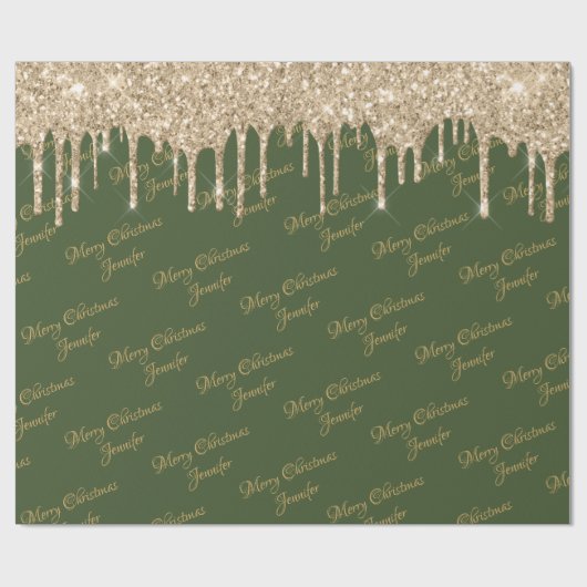 Green Gold Glitzer Drilling Christmas Name Script Geschenkpapier (Flach)
