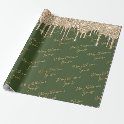 Green Gold Glitzer Drilling Christmas Name Script Geschenkpapier (Ungerollt)