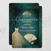 Green Gold Glitzer Kleid tiara Fan Quinceañera Einladung (Vorne/Hinten)