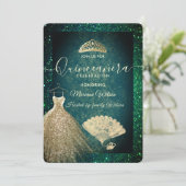 Green Gold Glitzer Kleid tiara Fan Quinceañera Einladung (Stehend Vorderseite)