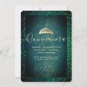 Green Gold Glitzer Kleid tiara Fan Quinceañera Einladung (Rückseite)