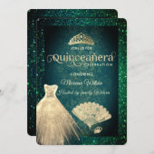 Green Gold Glitzer Kleid tiara Fan Quinceañera Einladung (Vorne/Hinten)