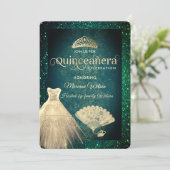 Green Gold Glitzer Kleid tiara Fan Quinceañera Einladung (Stehend Vorderseite)