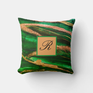 Green Gold Glitzer Marmor Abstrakt Modern Monogram Kissen