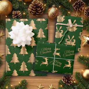 Green Gold Glitzer Weihnachtsglocken und Rentiere Geschenkpapier Set