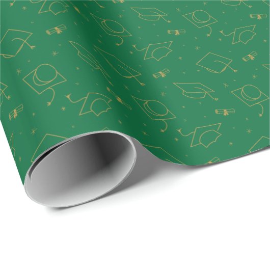 Green & Gold Graduation Cap Toss Wrapping Paper Geschenkpapier (Rolleneckpunkt)