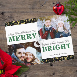 Green & Gold Holiday Green Design 2-Foto Card Feiertagskarte