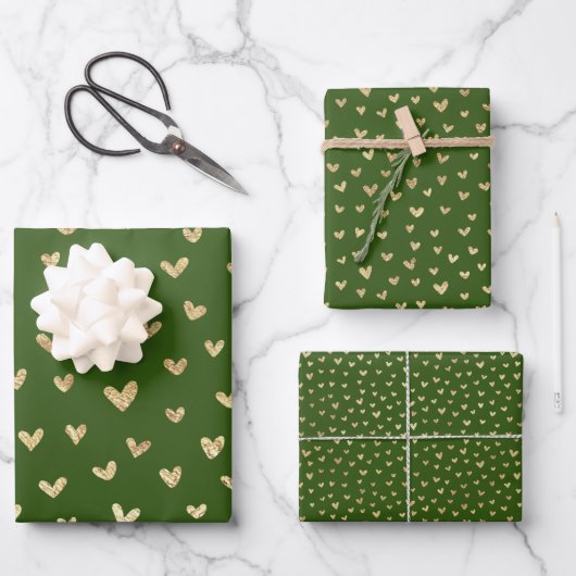 Green Gold Holiday Liebe Herz Muster Geschenkpapier Set (Vorderseite)