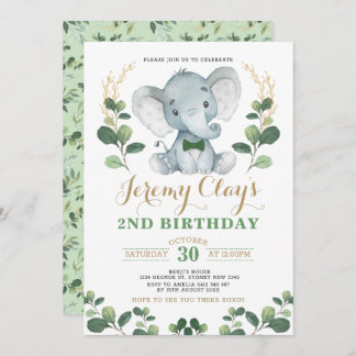Green Gold Jungle Baby Elephant 2. Geburtstag Einladung