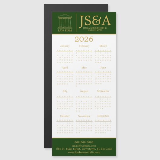 Green Gold Justice Columns Law Firm Logo 2026 Magnetkarte (Vorne/Hinten)