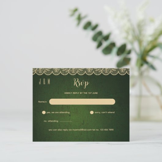 Green Gold Lace Hochzeit RSVP für Match Inv Postkarte (Stehend Vorderseite)