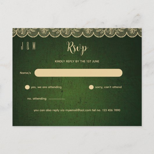 Green Gold Lace Hochzeit RSVP für Match Inv Postkarte (Vorderseite)