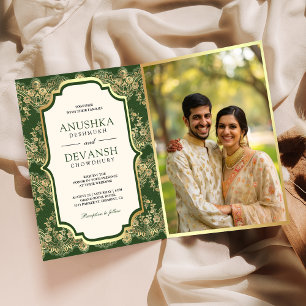 Green Gold Lace QR Code Foto Indian Wedding Einladung