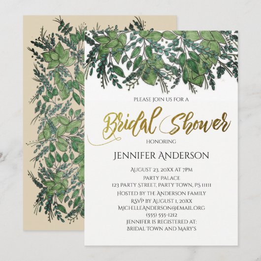 Green Gold Leaf Brautparty Einladung (Vorne/Hinten)