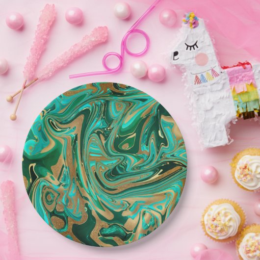 Green & Gold Liquid Marmor Pappteller (Party)