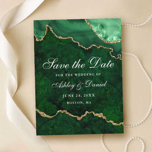 Green Gold Marble Agate Geode Save the Date Announ Ankündigungspostkarte