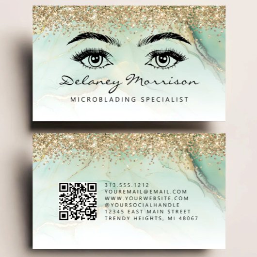 Green Gold Marmor Augen QR Code Microblading Visitenkarte