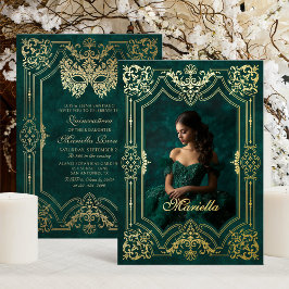 Green Gold Masquerade Foto Quinceanera Folieneinladung