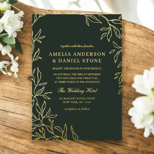 Green Gold Minimal Elegante Leaf Hochzeit Folieneinladung