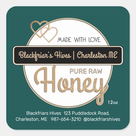 Green Gold Modern Script Honey aus Liebe Quadratischer Aufkleber (Vorderseite)
