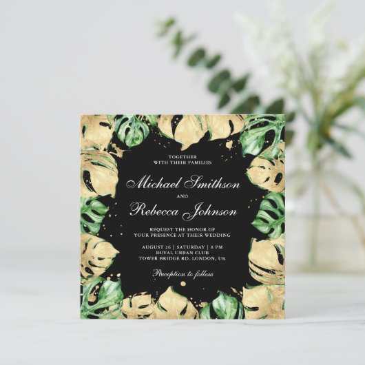 Green Gold Monstera Palm All in One Black Wedding Einladung (Stehend Vorderseite)