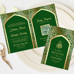 Green Gold Persian Arch QR Code Muslime Hochzeit Einladung