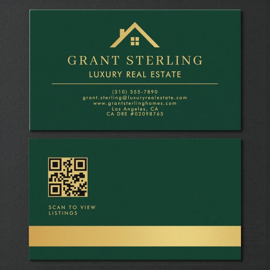Green Gold QR Code Luxury Real Estate Agent Visitenkarte