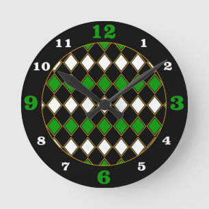 Green/Gold Racing Colors Harlequin Muster Runde Wanduhr