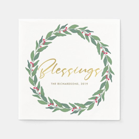GREEN GOLD RED BERRIES CHRISTMAS BLESSINGS WREATT SERVIETTE (Vorderseite)