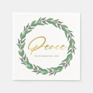 GREEN GOLD RED BERRIES WREATH CHRISTMAS PEACE SERVIETTE