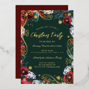 Green Gold Red Floral Swirt Weihnachtsfest Party Folieneinladung