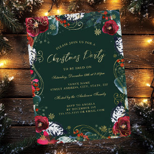Green Gold Red Floral Swirt Weihnachtsfest Party Folieneinladung